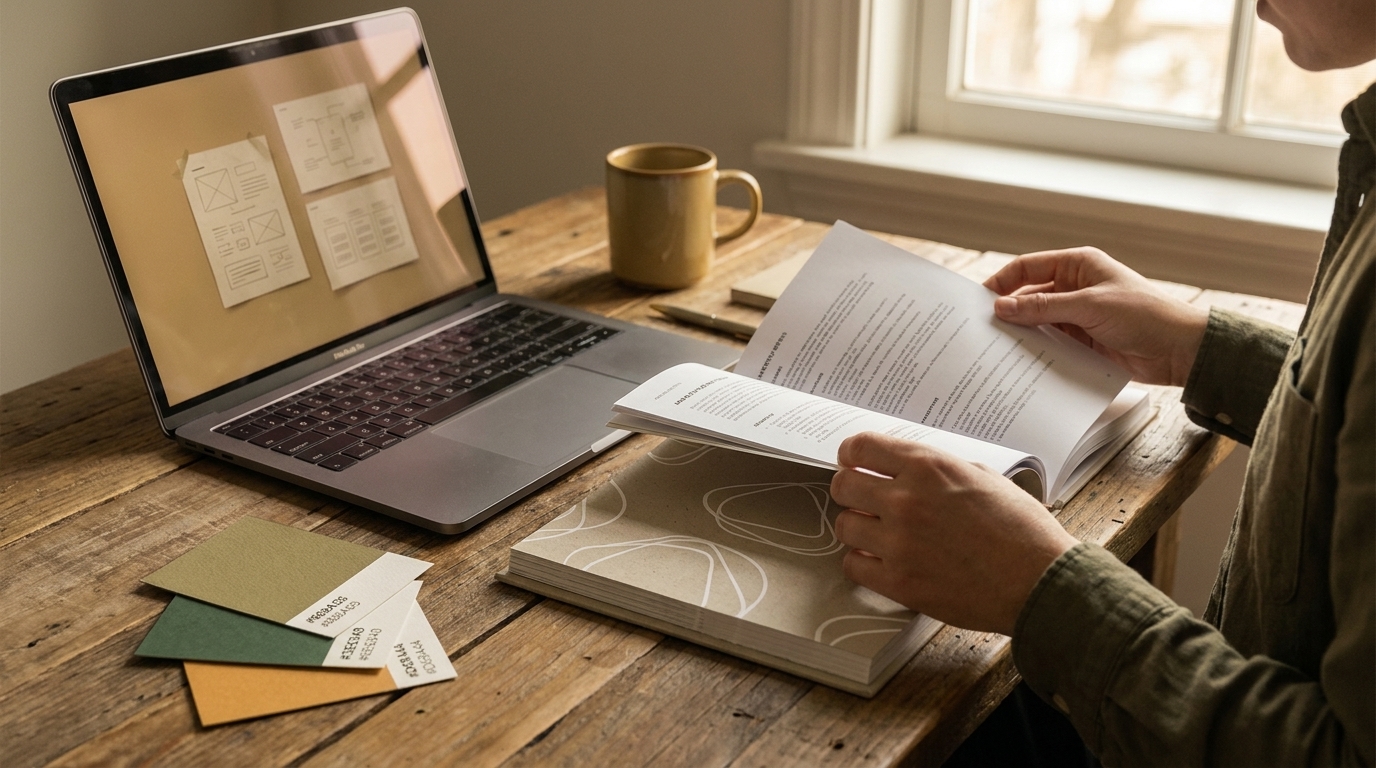 Agency strategist reading printed marketing notes beside a laptop in a studio